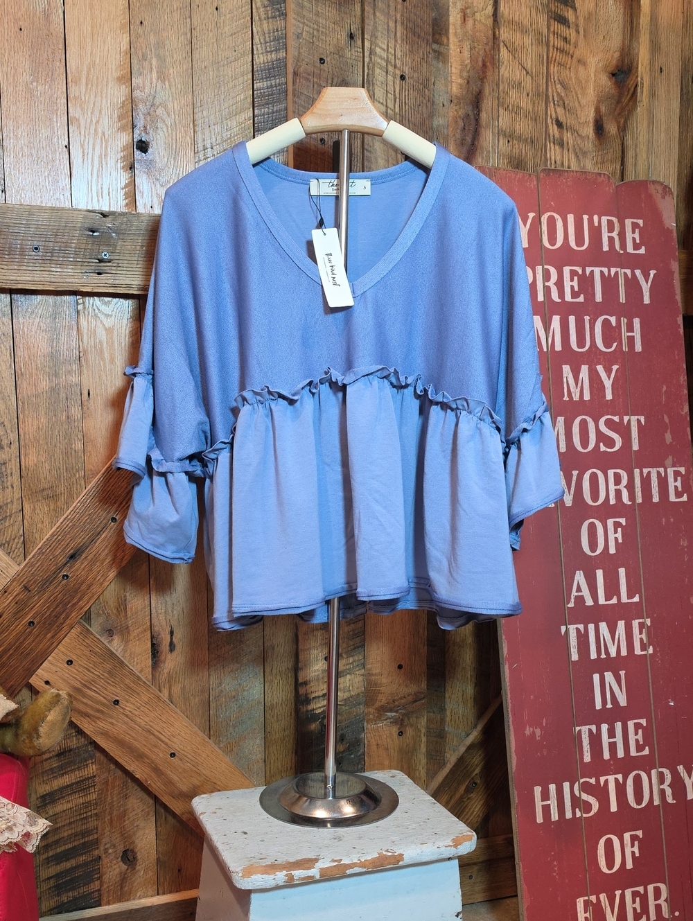 200p Three Bird Nest Dusty Blue Ruffle Tiered V-Neck